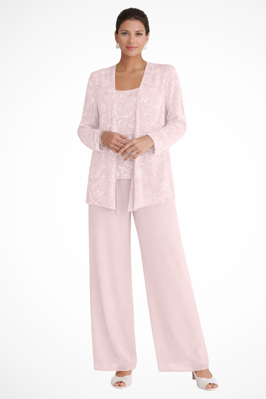 Femme Ensemble 3 Pièces Dentelle Paillettes Veste Pantalon