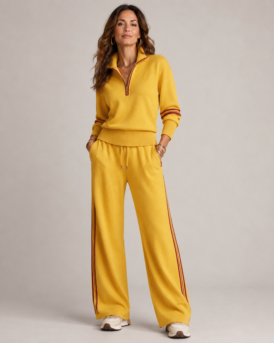 Ensemble 2 pièces femme sweat zippé et pantalon large avec rayures