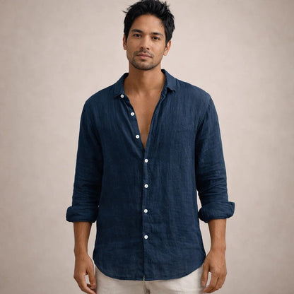 Chemise lin homme | Coupe régulière, col ouvert | Manches longues