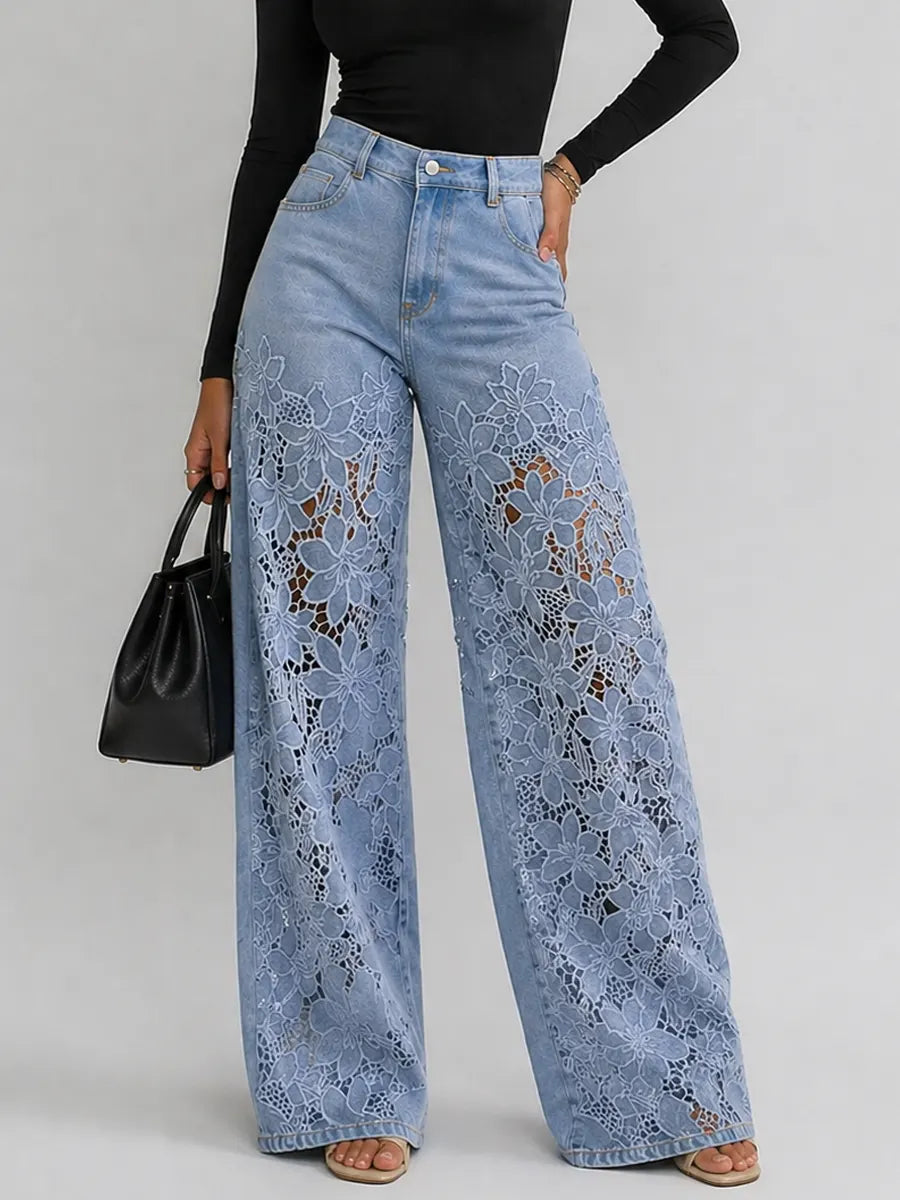 Pantalon large femme denim dentelle florale taille haute coupe jambe large