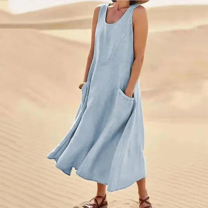 Robe en lin femme longue décontractée élégante avec poches