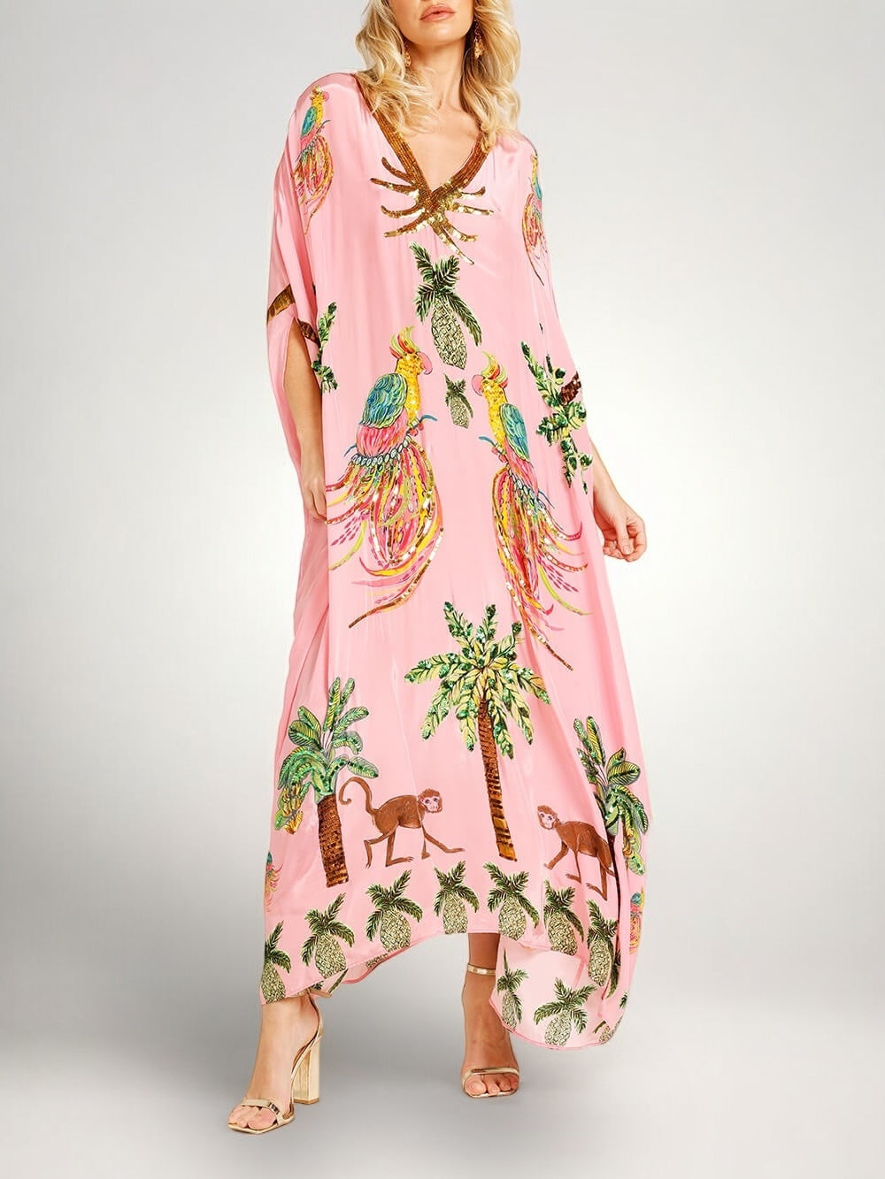 Robe femme imprimé palmiers épaules tombantes coupe ample