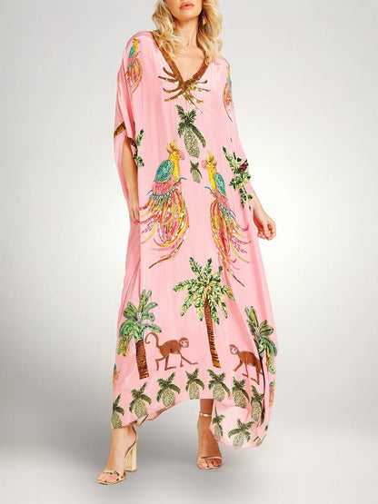 Robe femme imprimé palmiers épaules tombantes coupe ample