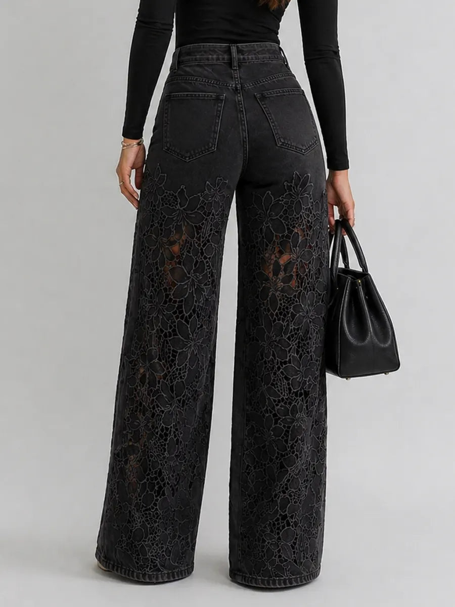 Pantalon large femme denim dentelle florale taille haute coupe jambe large