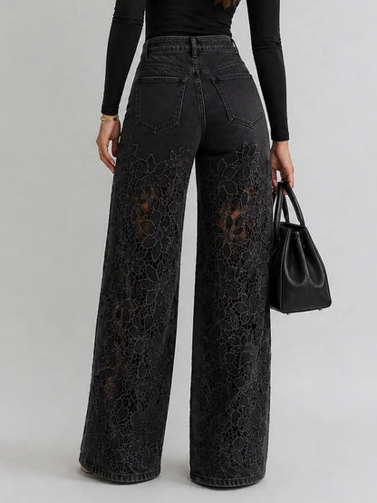 Pantalon large femme denim dentelle florale taille haute coupe jambe large