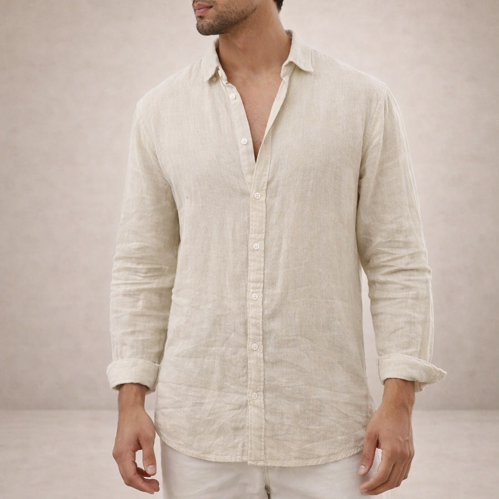 Chemise lin homme | Coupe régulière, col ouvert | Manches longues