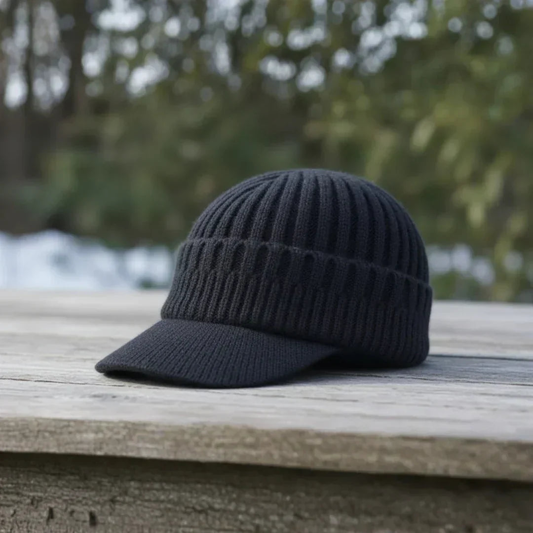 Casquette tricot visière hiver côtelée en beige marron bleu marine gris