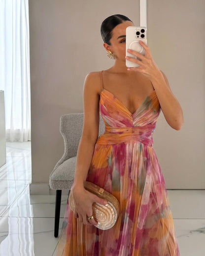Robe de soirée maxi motif floral dos nu cintrée – Flora