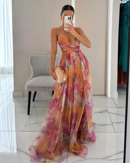 Robe de soirée maxi motif floral dos nu cintrée – Flora
