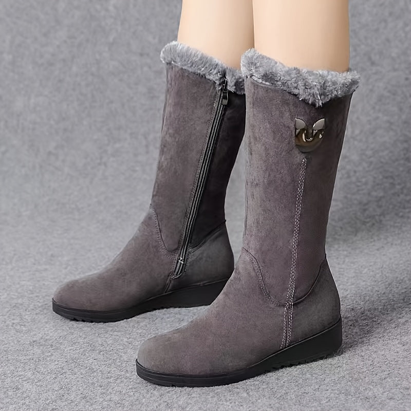 Bottes mi-mollet femme plates avec revers fourrure et zip latéral