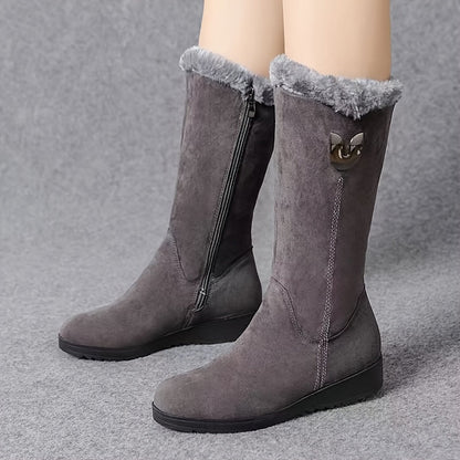 Bottes mi-mollet femme plates avec revers fourrure et zip latéral