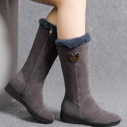 Bottes mi-mollet femme plates avec revers fourrure et zip latéral