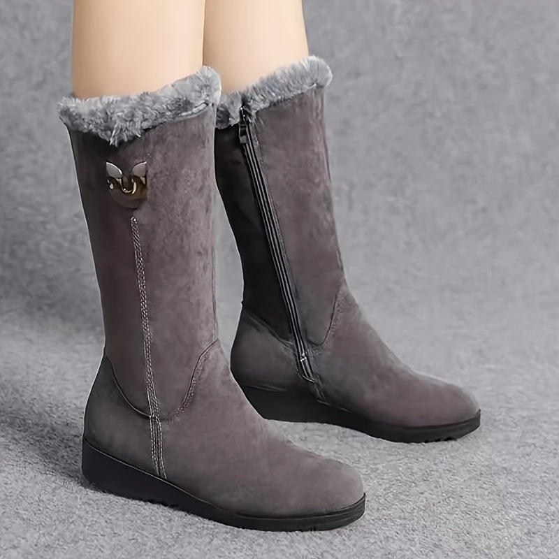 Bottes mi-mollet femme plates avec revers fourrure et zip latéral