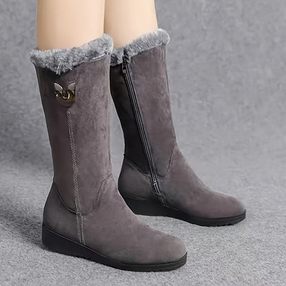 Bottes mi-mollet femme plates avec revers fourrure et zip latéral
