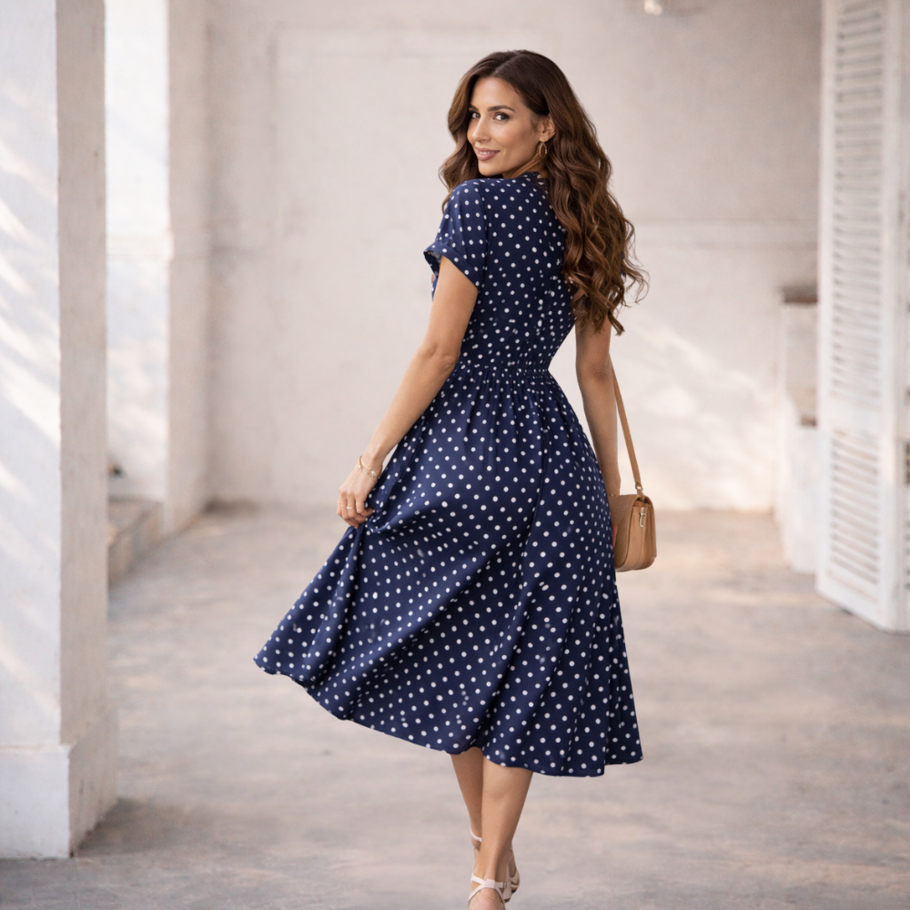 Robe à Pois | Robe Midi Casual avec Dentelle et Boutons