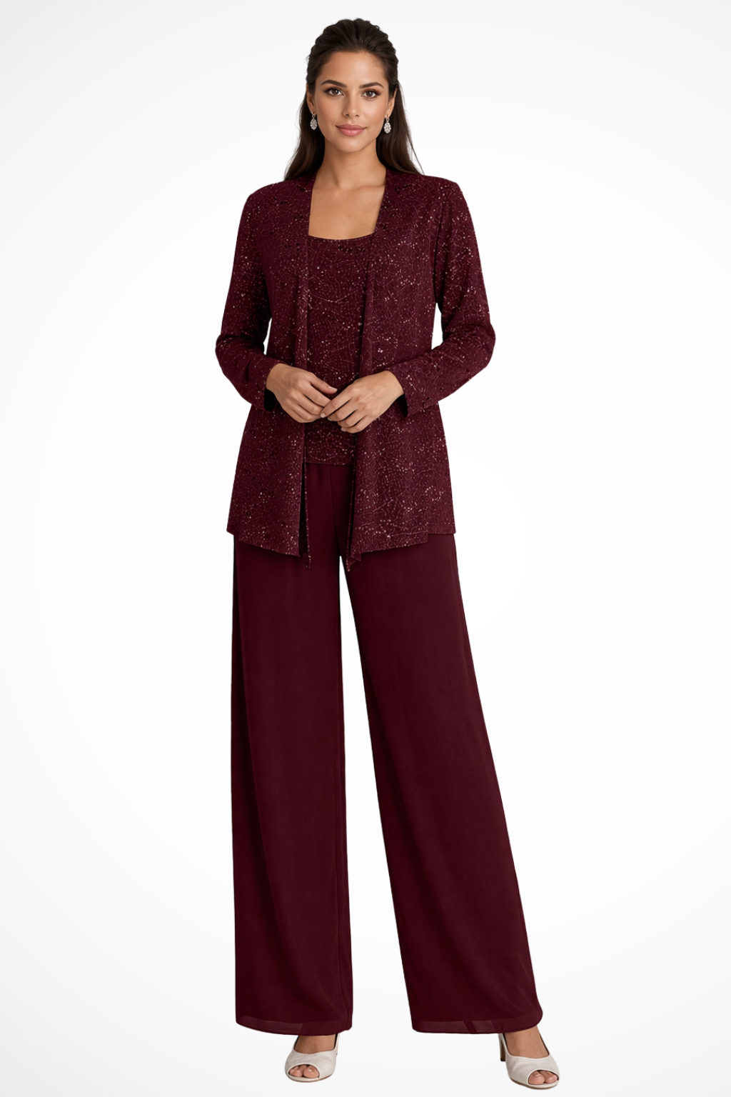Femme Ensemble 3 Pièces Dentelle Paillettes Veste Pantalon