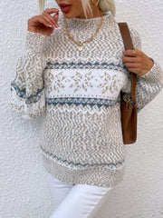 Sweater Femme à Col Roulé Demi avec Motif Flocon de Neige