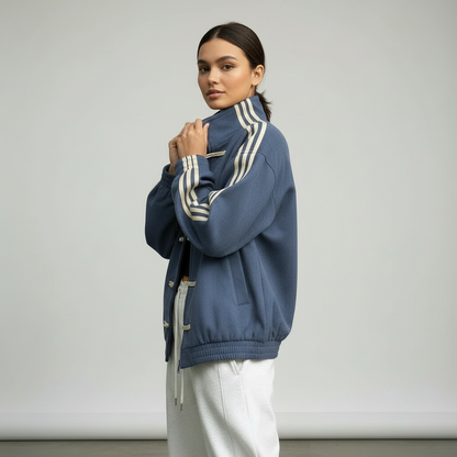 Veste de survêtement femme rétro rayures contrastantes boutons décoratifs coupe relaxed