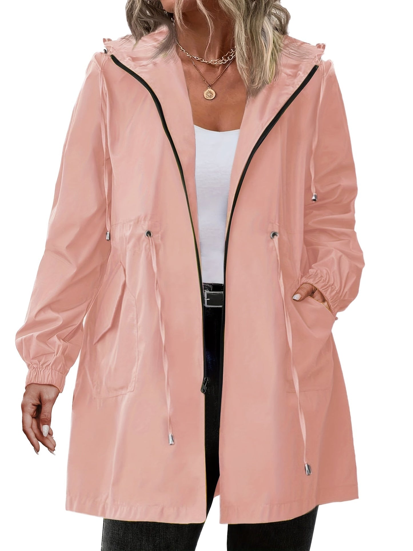 Imperméable femme | Grande taille, léger | Veste zippée à capuche
