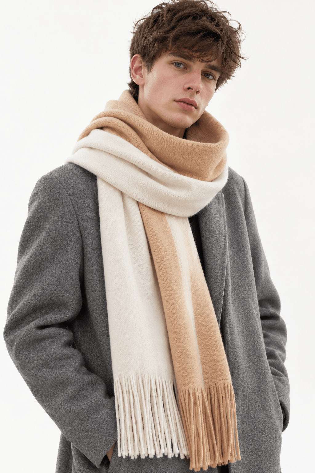 Écharpe homme longue tricot franges colour block enroulée autour du cou
