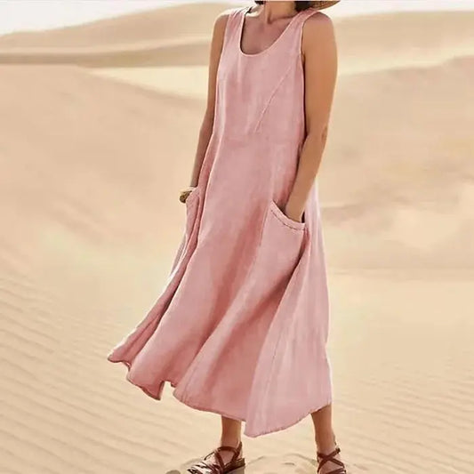 Robe en lin femme longue décontractée élégante avec poches