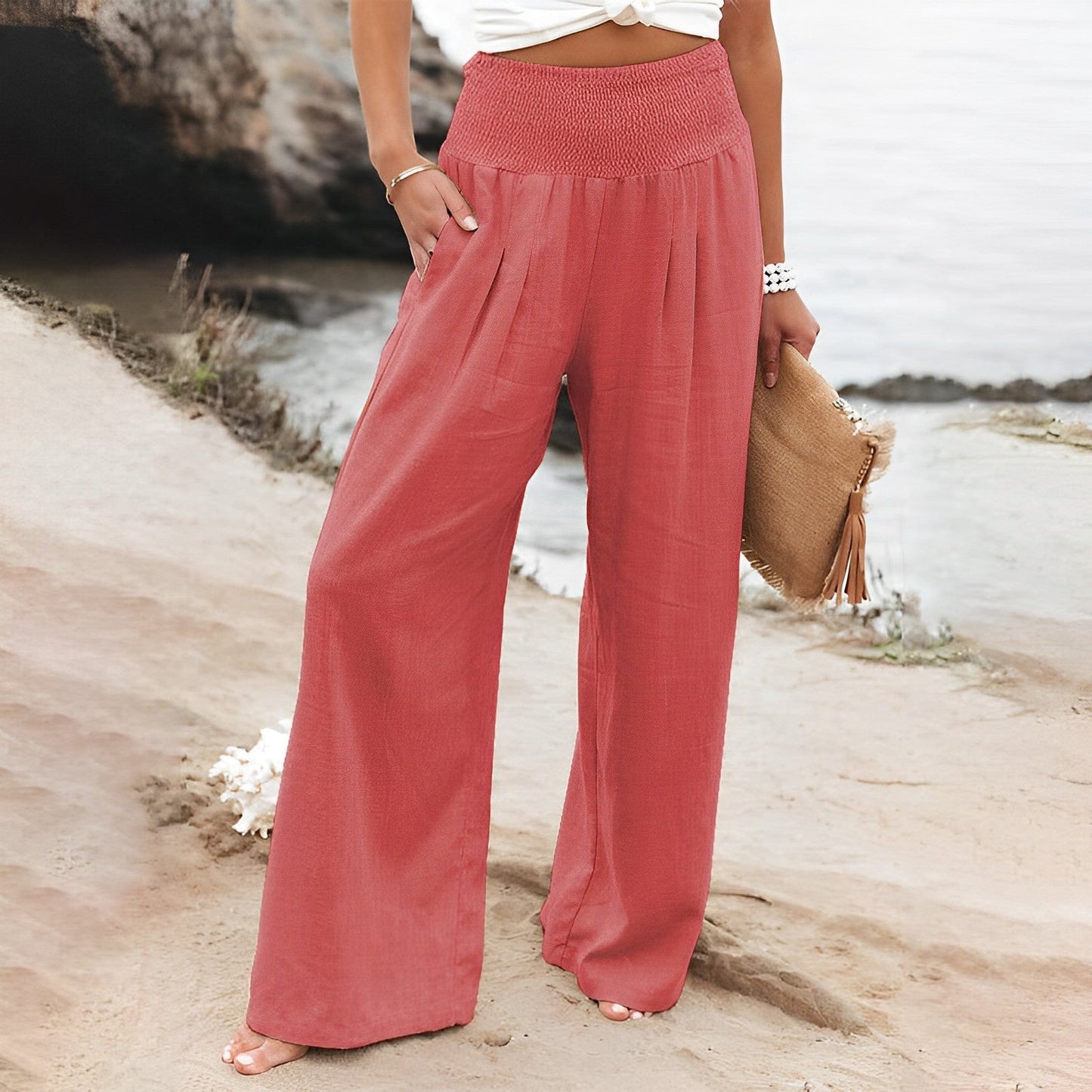 Pantalon femme jambes larges | Taille haute, Smocké | Confort