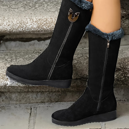 Bottes mi-mollet femme plates avec revers fourrure et zip latéral