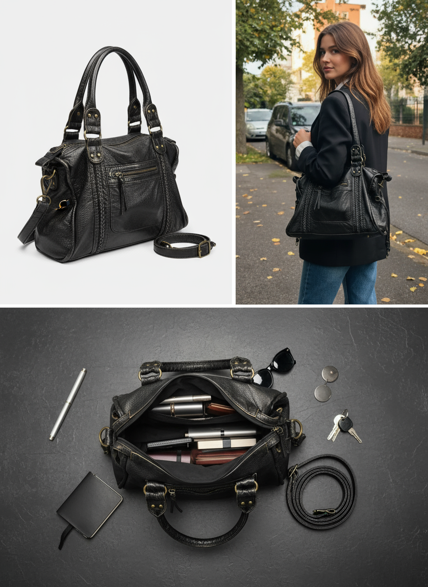 Sac à Main Noir Femme | Bandoulière Cuir Synthétique | Poches à Fermeture