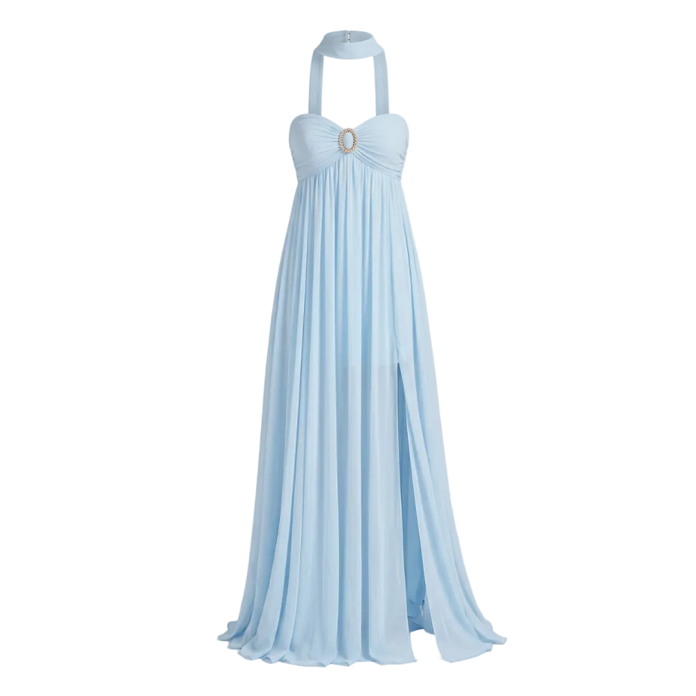 Robe Grecque | Soie-Mousseline Bleue | Design Éthéré