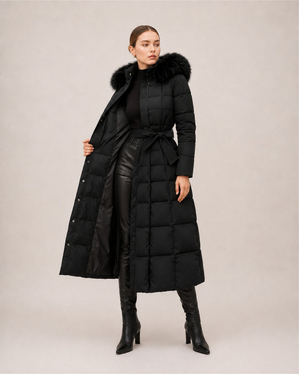 Doudoune longue femme capuche fourrure avec ceinture matelassée mi-mollet