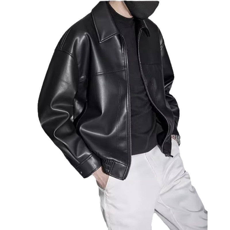 Veste en cuir homme slim fit col droit avec fermeture zippée