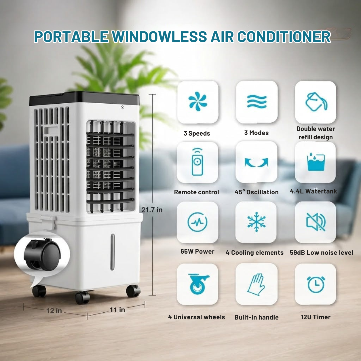 Climatiseur portable | Refroidisseur par évaporation, 3 vitesses | Télécommande, minuteur 12 h