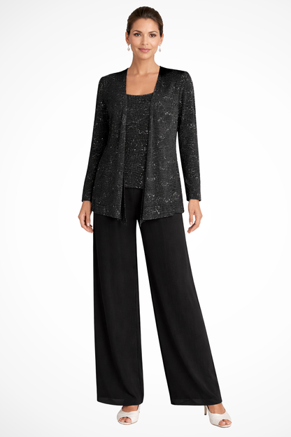 Femme Ensemble 3 Pièces Dentelle Paillettes Veste Pantalon