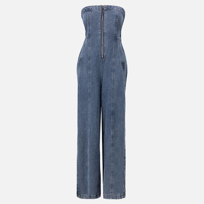Combinaison en denim | Ensemble avec veste assortie, fermeture éclair