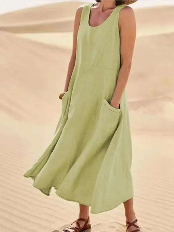 Robe en lin femme longue décontractée élégante avec poches