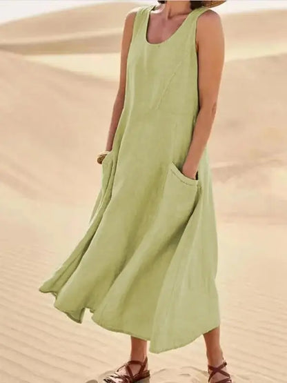Robe en lin femme longue décontractée élégante avec poches