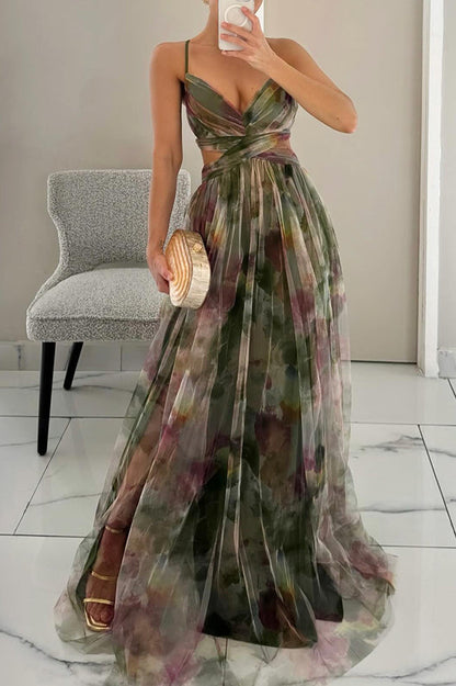 Robe de soirée maxi motif floral dos nu cintrée – Flora