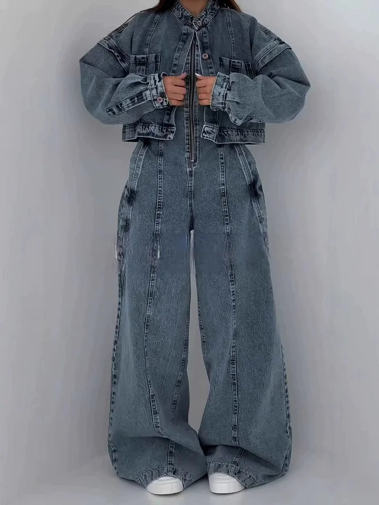 Combinaison en denim | Ensemble avec veste assortie, fermeture éclair
