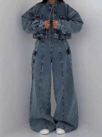 Combinaison en denim | Ensemble avec veste assortie, fermeture éclair