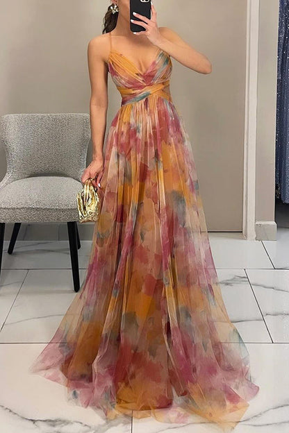 Robe de soirée maxi motif floral dos nu cintrée – Flora