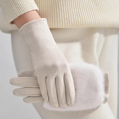 Gants suède femme tactiles avec bordure fourrure pour l'hiver