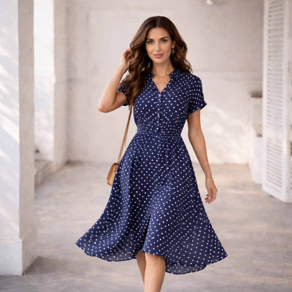 Robe à Pois | Robe Midi Casual avec Dentelle et Boutons