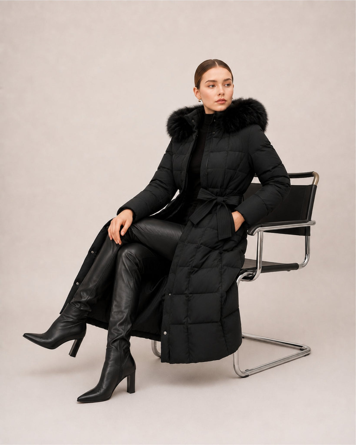 Doudoune longue femme capuche fourrure avec ceinture matelassée mi-mollet