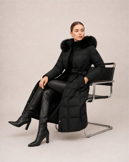 Doudoune longue femme capuche fourrure avec ceinture matelassée mi-mollet