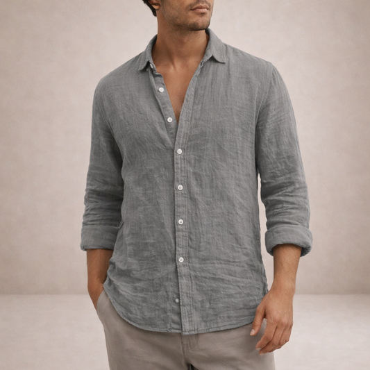 Chemise lin homme | Coupe régulière, col ouvert | Manches longues