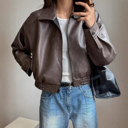 Veste cuir femme | Manches longues, polyester doux | Marron foncé