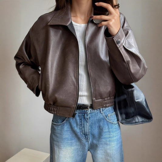 Veste cuir femme | Manches longues, polyester doux | Marron foncé