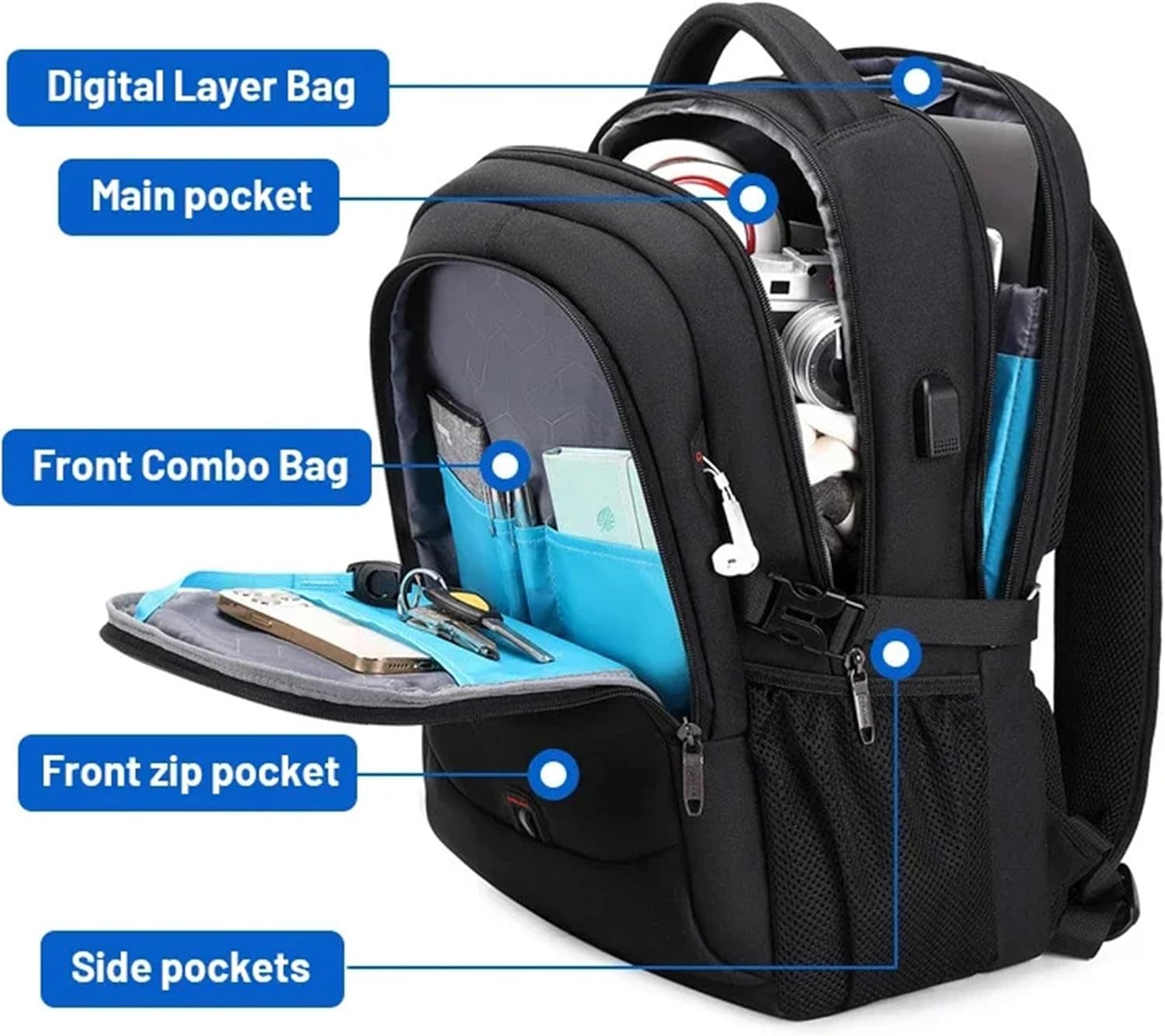 Sac à dos pour ordinateur portable | Imperméable, port USB | Compartiment rembourré pour ordinateur portable 15,6