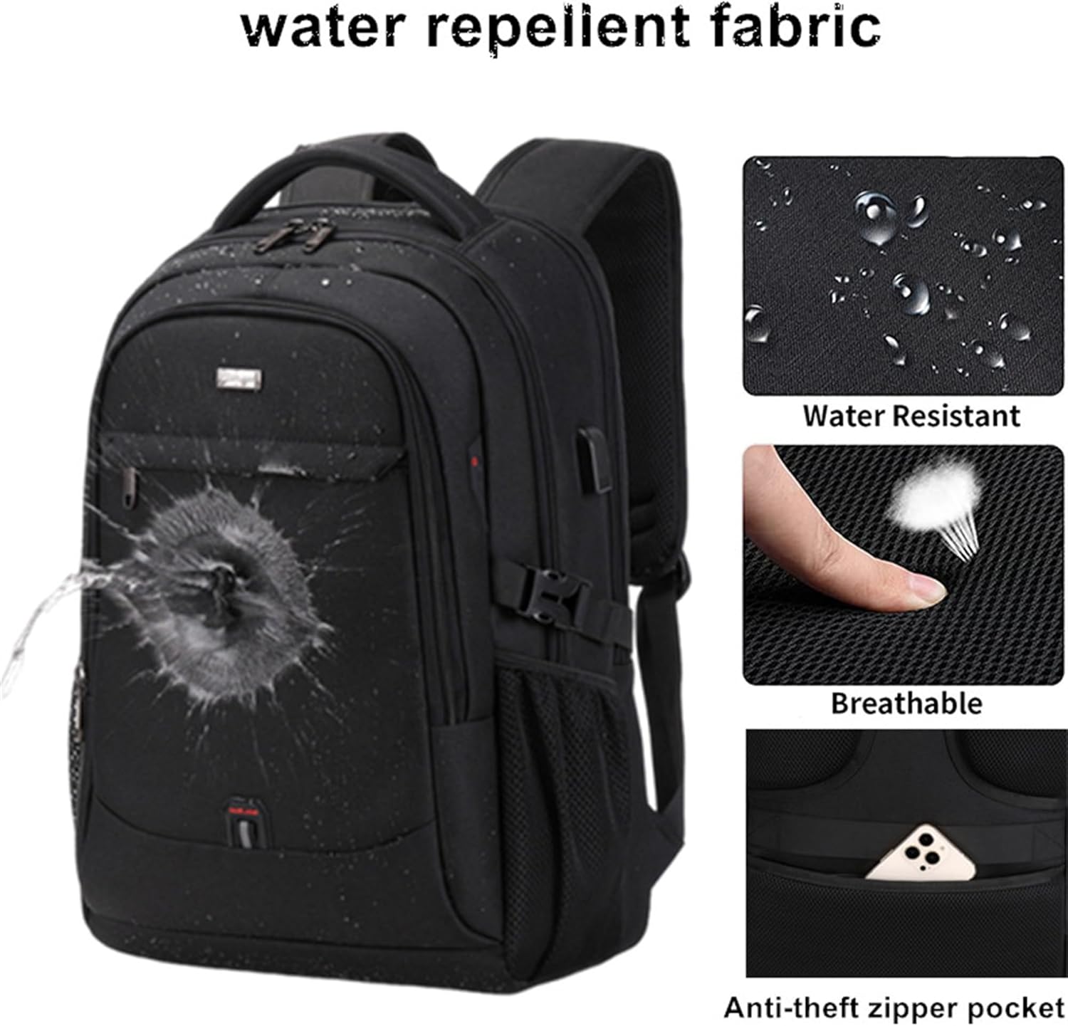 Sac à dos pour ordinateur portable | Imperméable, port USB | Compartiment rembourré pour ordinateur portable 15,6