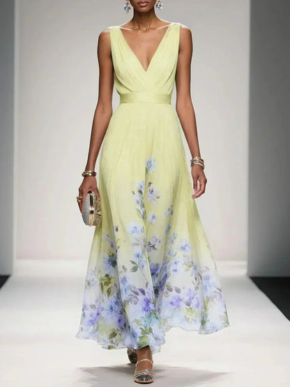 Robe florale femme invitée mariage col V silhouette fluide trapèze